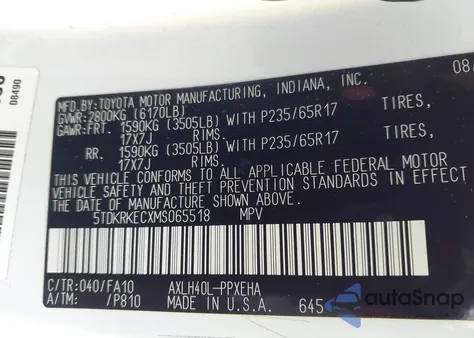 2021 Toyota Sienna Le z USA, uszkodzony, nr VIN 5TDKRKECXMS065518